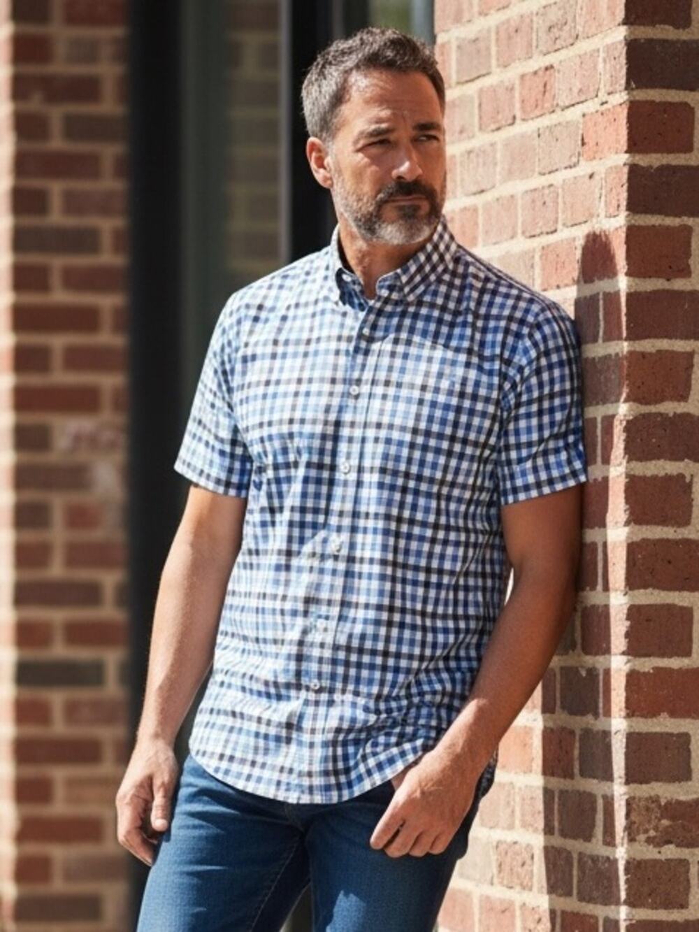 LUKE & DUTCH Men’s Large Blue Plaid Short Sleeve Dress Shirt